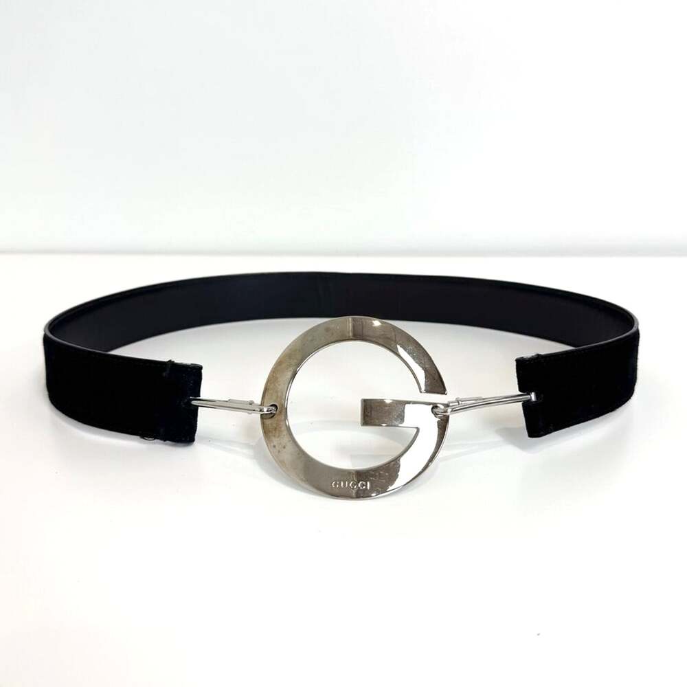 GUCCI Vintage 1996 Tom Ford Black Suede Belt Oversized Silver G Logo Buckle 80
